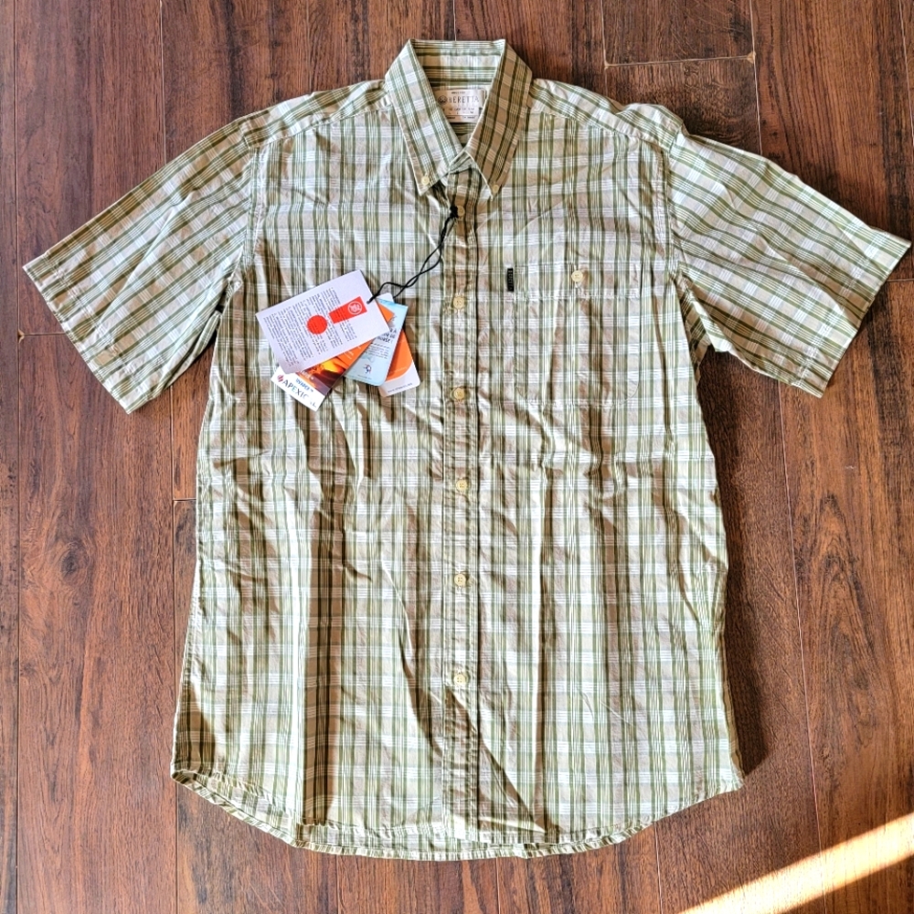 NWT Beretta Men's Green Beige Plaid Short Sleeve Button Up Shirt
